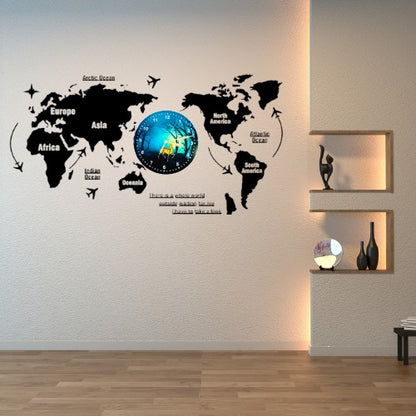 3D Wooden World Map & Dial Wall Clock — 40 Inch Home Decor